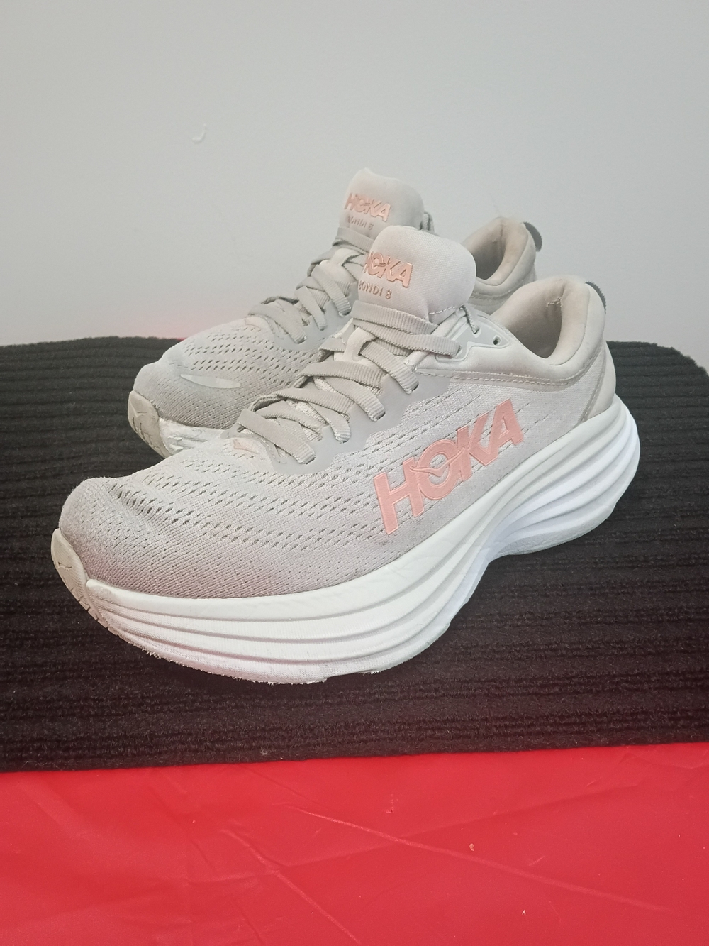 HOKA Womens Light Gray and Pink Running Shoe - Picture 3 of 7